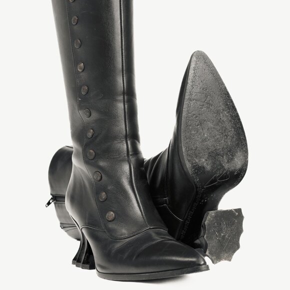 John Fluevog Lu Black Leather Tall Studded Boots - Picture 4 of 12